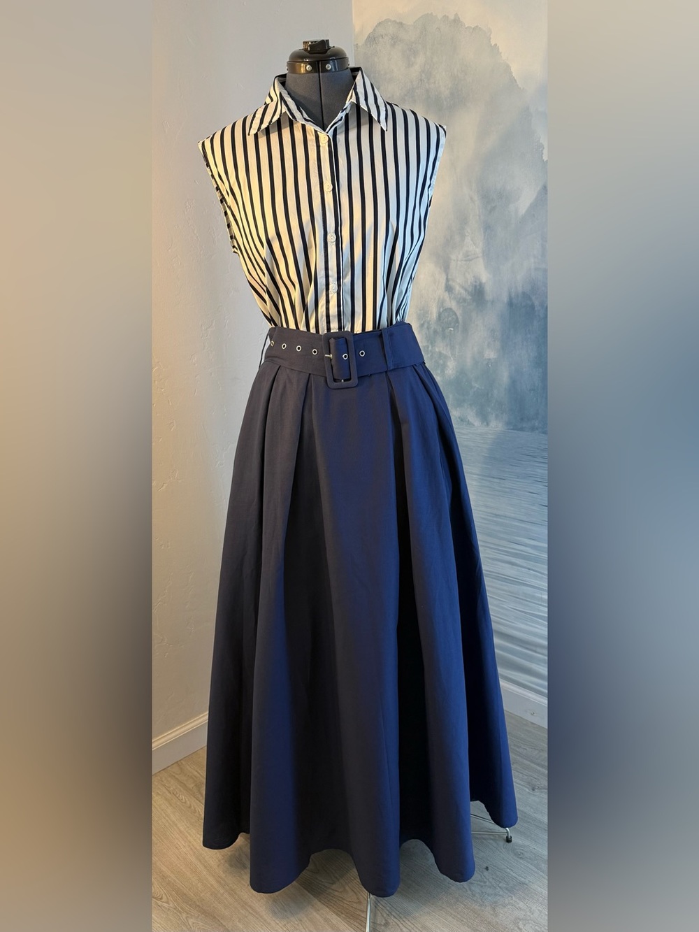 Belted Navy A-Line Full Skirt and striped blouse - Women #273